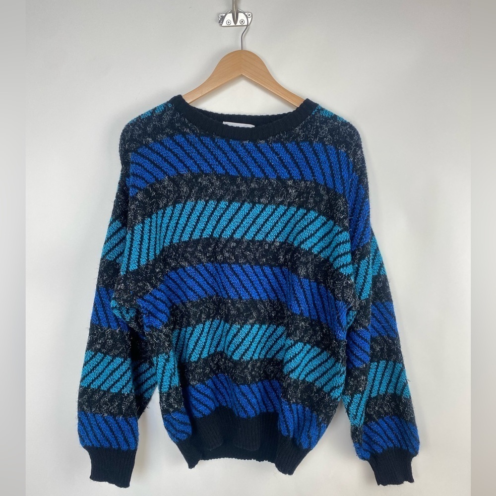 Pronto Uomo Geometric Soft Wool Blend Striped Sweater‎ Blue Men’s Medium Italy